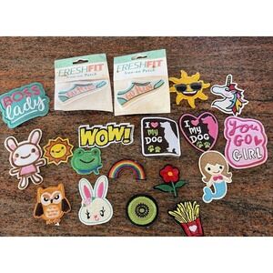 19 MIXED IRON on SEW  patches Mermaid Bunny, Owl, Fries Frog Love Dog Sun Run